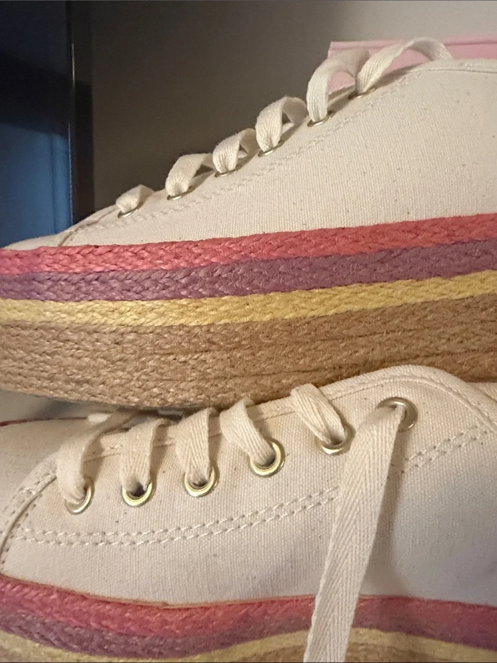 kate spade cream canvas platform sneakers with pink and gold accents